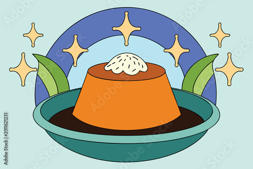 Sweet caramel custard pudding topped with whipped cream in bowl on green background with decorative green leaves and glowing stars forming festive aesthetic for delicious dessert culinary art concept.