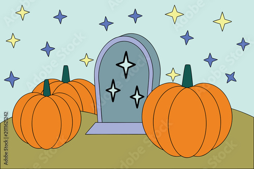 Autumn harvest scene with ripe pumpkins and gravestone under starry sky in flat graphic style representing fall holiday festivities or spooky season celebration themes with vibrant orange colors used.
