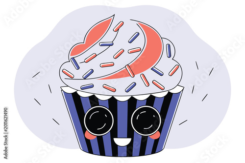 Charming cupcake character with big, cute eyes and a happy smile, topped with vibrant red and blue frosting and colorful sprinkles, radiating a joyful and whimsical celebratory atmosphere.