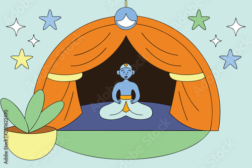Blue genie meditating cross-legged inside a vibrant orange tent with yellow trim, surrounded by twinkling stars and a potted plant.