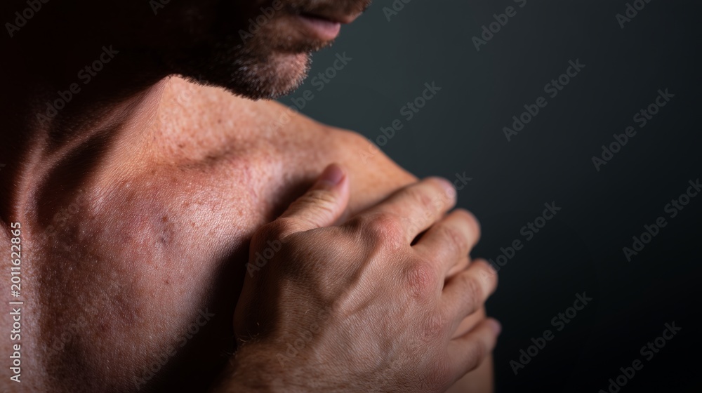 Fototapeta premium Man touches his shoulder while standing in a dark space, showing skin texture and hand movement without any distractions around