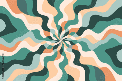 Abstract groovy wavy background with retro burst sunray pattern in teal and orange hues creates nostalgic seventies vibe for modern design project featuring fluid organic shapes and vibrant colors.