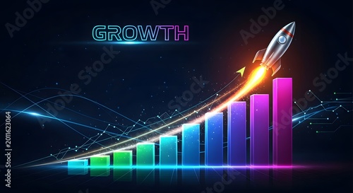 Abstract concept of rapid business growth with a rocket launch and colorful bar graph, business