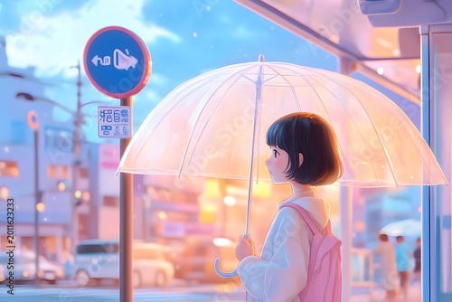 A full body illustration of a young woman with short dark hair standing in front of a bus stop sign holding a clear umbrella
