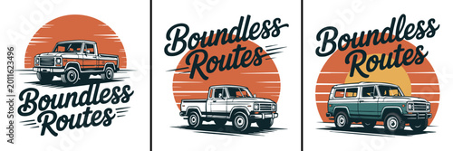 Fotografie Vintage offroad truck illustrations with bold boundless routes typography design