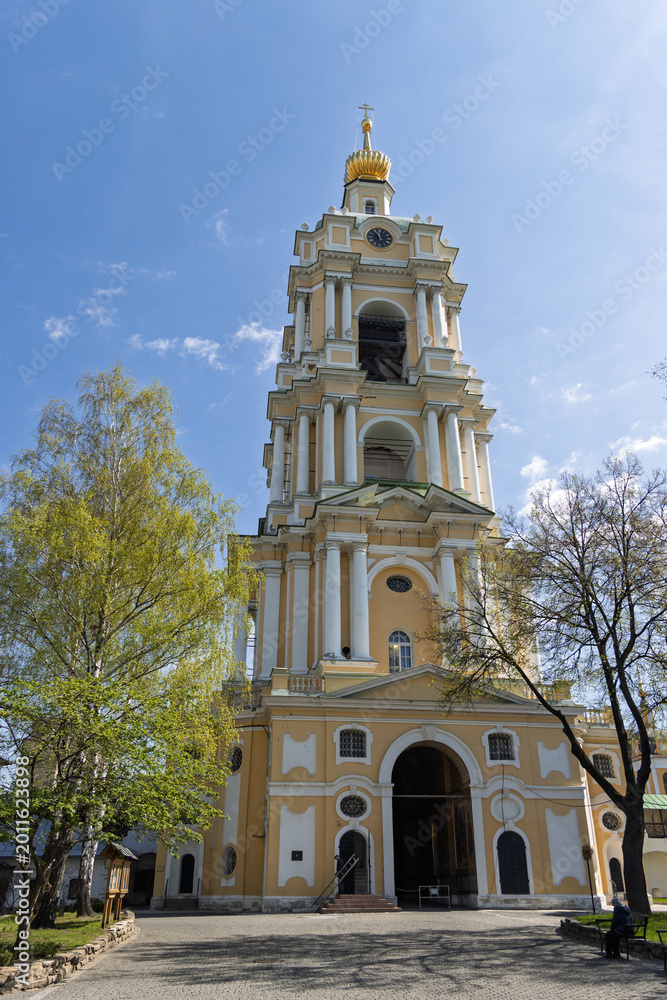 Fototapeta premium Russia. Moscow. May 04, 2026. Majestic bell tower of Novospassky Monastery on a sunny spring day