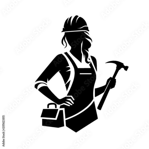 Female Construction Worker Holding Hammer and Tool Box