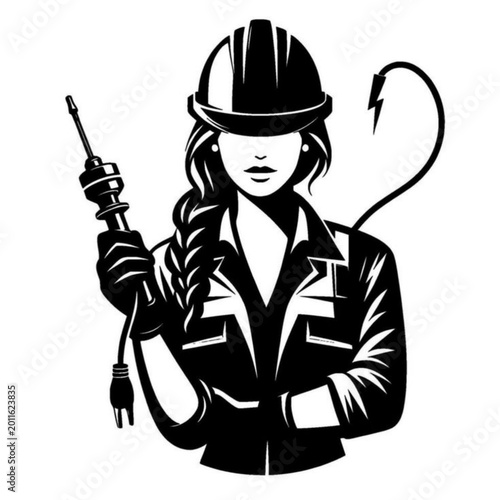 Professional Female Electrician Wearing Hard Hat and Tool Belt