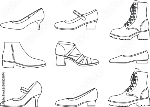 Women footwear collection outline set with stylish heels, boots and casual shoes vector illustration