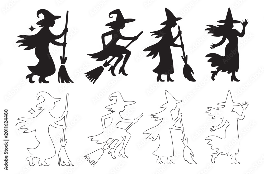Fototapeta premium Witch silhouettes with broomsticks black and white line art set