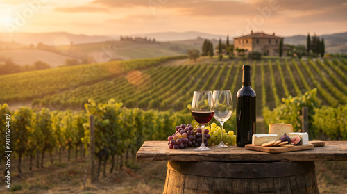 Tuscany Vineyard Sunset with Wine and Cheese Tasting on Wooden Barrel: Red and White Wine Glasses, Grapes, and Charcuterie Board Against Scenic Italian Hillside and Villa Landscape Background