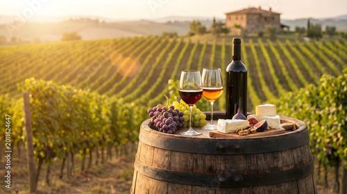 Tuscany Vineyard Sunset with Wine and Cheese Tasting on Wooden Barrel: Red and White Wine Glasses, Grapes, and Charcuterie Board Against Scenic Italian Hillside and Villa Landscape Background