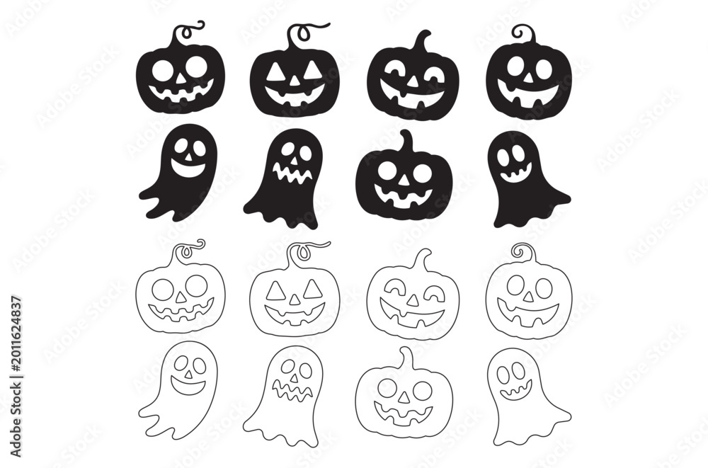 Obraz premium Halloween Jack o lanterns and Ghosts Set Black and White Line Art
