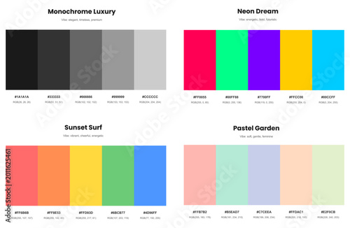 Four distinct color palettes with HEX/RGB codes: Monochrome Luxury, Neon Dream, Sunset Surf, and Pastel Garden. Ideal for branding and digital art.