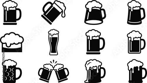 Bild auf Leinwand Collection of Black Silhouette Beer Mugs and Glasses with Foam Icons vector illu