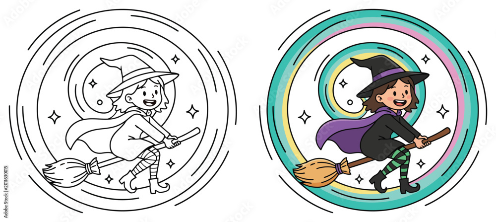 Fototapeta premium Witch girl flies on her magic broomstick through a starry sky to create a fun Halloween coloring page
