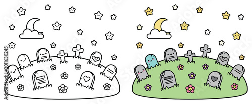 Foto Graveyard scene features cute tombstones and smiling stars in the night sky for