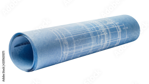 Foto Rolled blueprint paper with architectural plans and technical lines