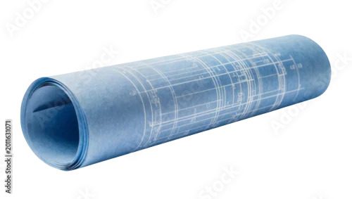Obraz Rolled blueprint paper with architectural plans and technical lines