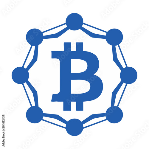 Bitcoin cryptocurrency logo in circular network nodes flat design vector