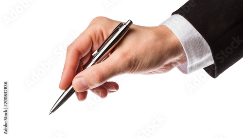 Man s hand holding silver pen over white surface in black suit