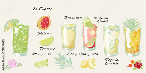 Fotografie watercolor style lineup of 7 tequila based drinks
