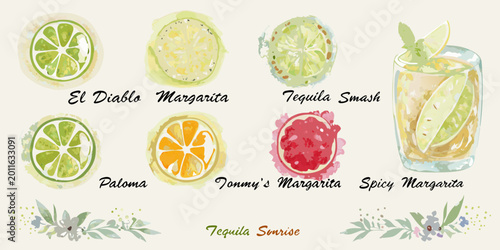 Photos watercolor tequila drinks lineup with citrus slices