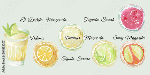 Fotografie watercolor style lineup of 7 tequila based drinks