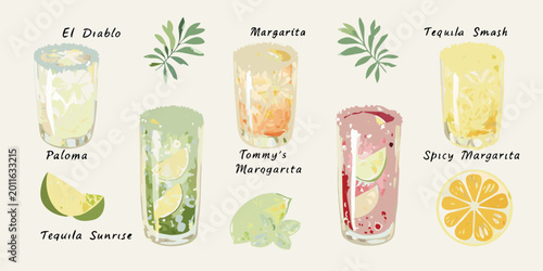 Foto watercolor style lineup of tequila based drinks
