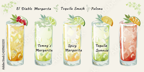 Fotografie tequila cocktails watercolor style lineup of 5 drinks