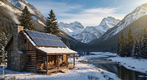 Rustic Solar Powered Cabin Standing in Snowy Mountain Valley