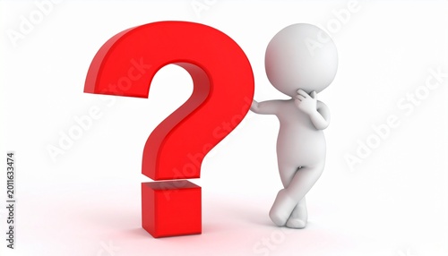 3D white character leaning on large red question mark isolated on white background, confusion concept