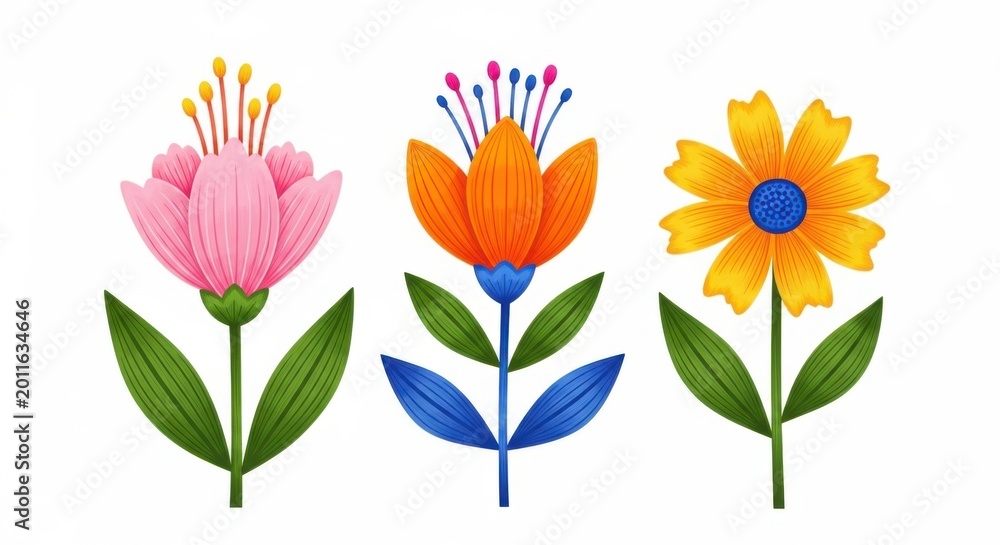 Fototapeta premium Colorful cartoon flowers with green leaves