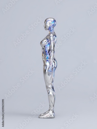 Futuristic cybernetic human body model displayed in a minimalist environment side view digital art concept