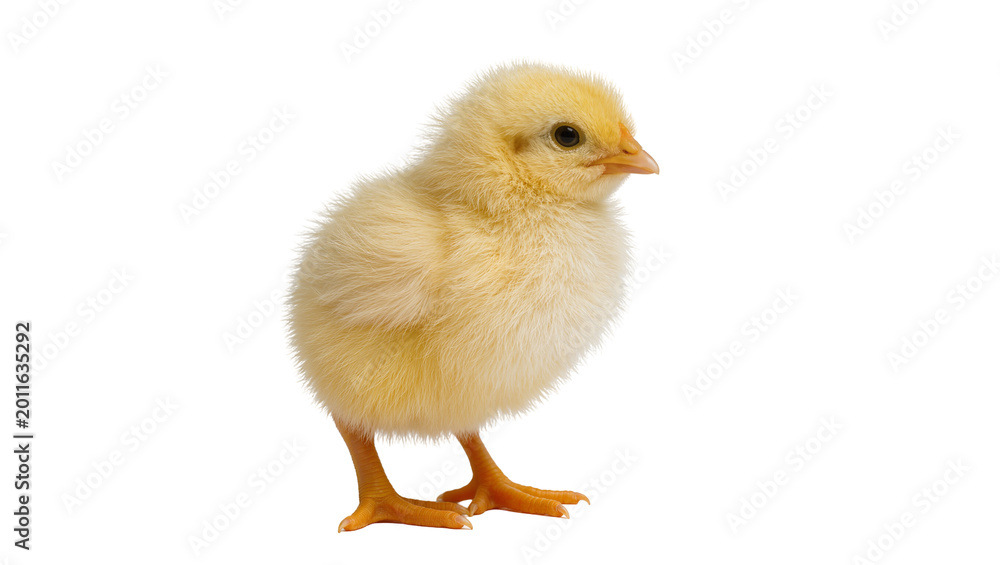 Fototapeta premium Fluffy yellow chick standing with small legs and orange beak