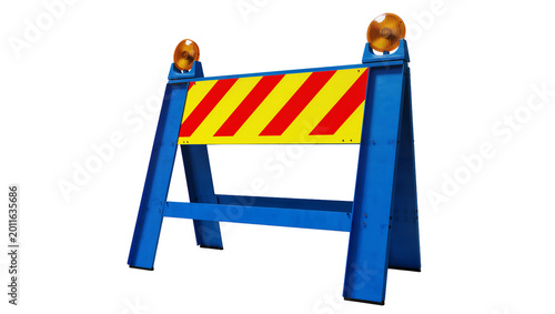 Konstfotografi Blue metal barricade with yellow and red diagonal stripes and orange reflectors