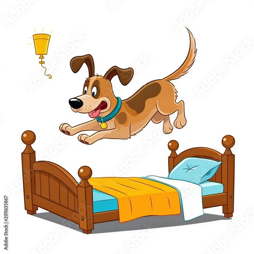 Playful dog jumping off bed with excitement and energy. Humor  