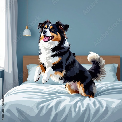 Dog jumping on bed in a bright bedroom with blue walls  