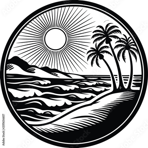 Tropical beach scene, black and white vector, palm trees, sunny landscape, circular icon