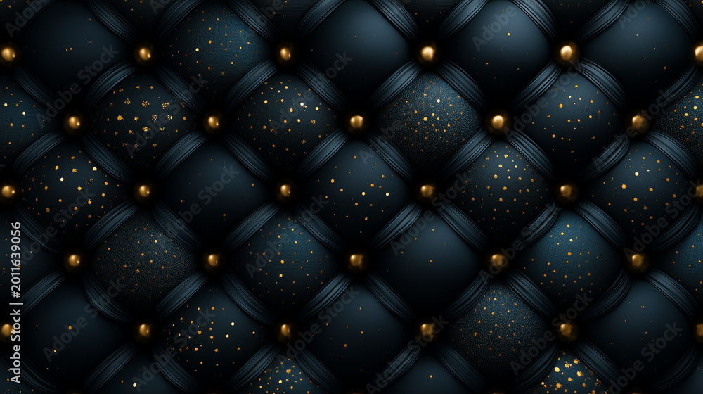 Fototapeta premium Luxury Black Tufted Leather Background with Gold Glitter Sparkles. Elegant Quilted Upholstery Texture with Golden Studs
