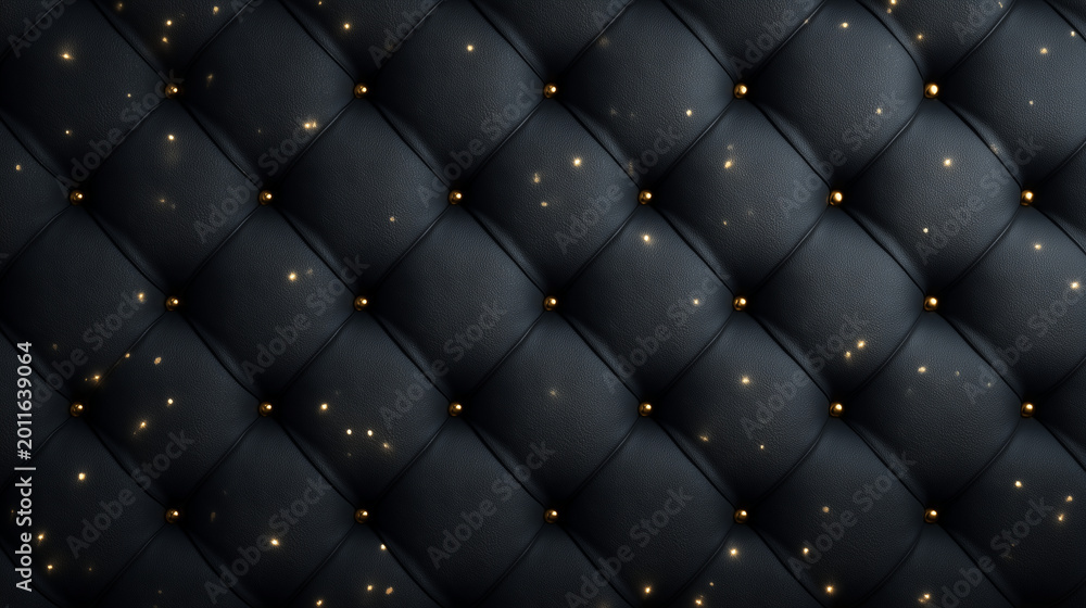 Fototapeta premium Luxury Black Tufted Leather Background with Gold Glitter Sparkles. Elegant Quilted Upholstery Texture with Golden Studs