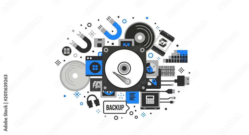 Fototapeta premium Data Backup and Digital Storage Technology Concept Flat Vector Illustration with HDD, Magnets, and Icons