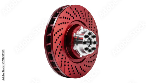 Foto Red drilled performance brake rotor with silver hub, isolated on transparent bac