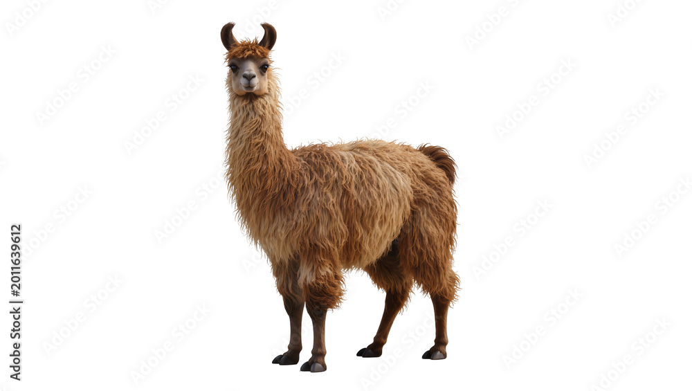 Fototapeta premium Brown fluffy llama standing full body portrait