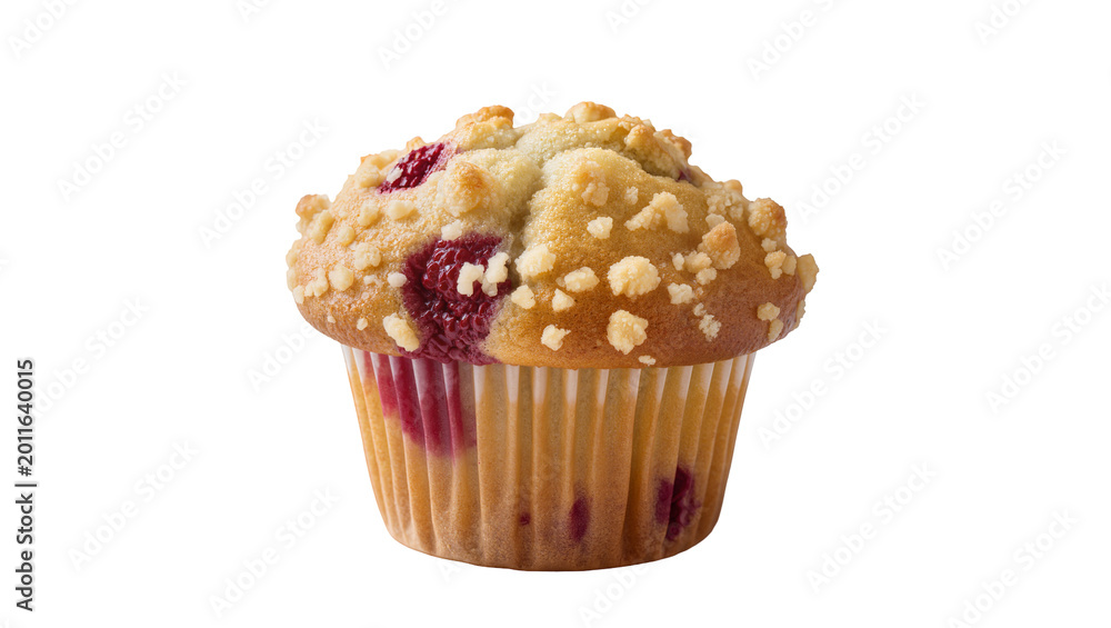 Fototapeta premium Golden brown raspberry crumble muffin with streusel topping, isolated on transparent background