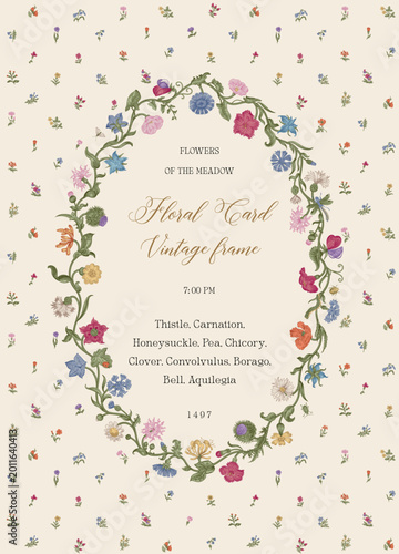 Flowers of the Meadow. Floral oval frame. Vector vintage illustration. Inspired by the Renaissance. Colorful