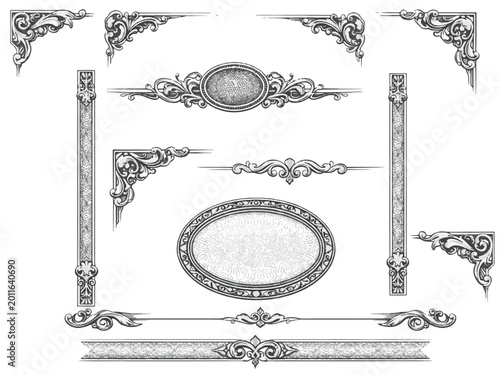 Luxury Certificate Border Set with Elegant Engraved Filigree, Victorian Ornamental Ribbons, Security Guilloché Patterns, Geometric Oval Medallions, Minimal Grayscale Premium Vector Frames 