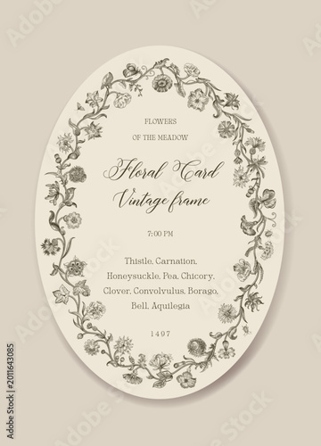Flowers of the Meadow. Floral oval frame. Vector vintage illustration. Inspired by the Renaissance. Beige and brown