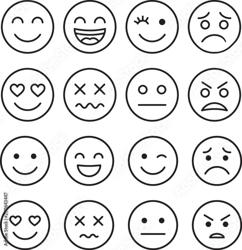 Photos outline emoticon icons, circular faces showing different emotions