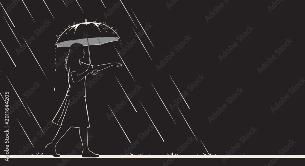 Fototapeta premium Woman Walking with Umbrella in Heavy Rain Vector Illustration